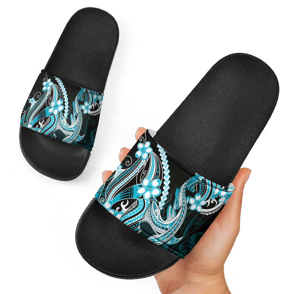Blue Black Aloha Hawaii Slide Sandals Polynesian Shark Tattoo Plumeria