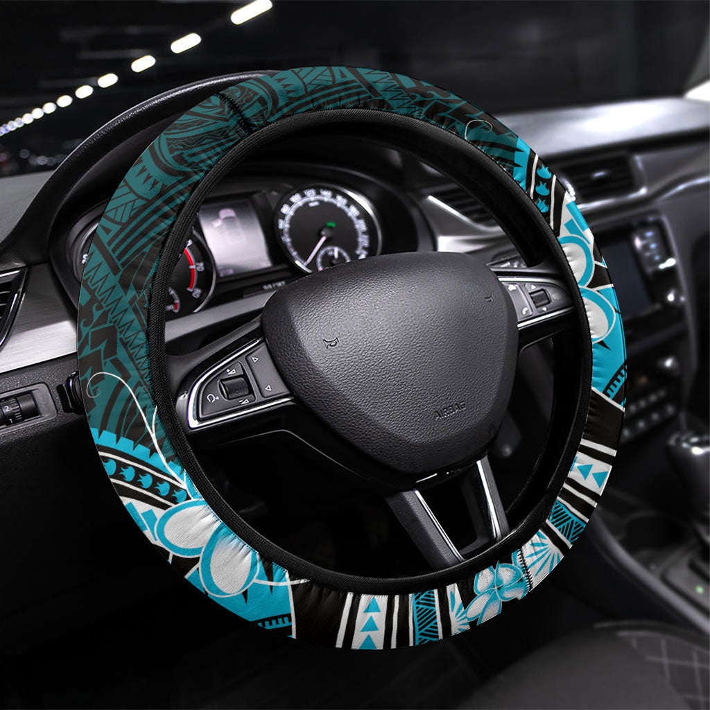Blue Black Aloha Hawaii Steering Wheel Cover Polynesian Shark Tattoo Plumeria LT14 Universal Fit Blue - Polynesian Pride