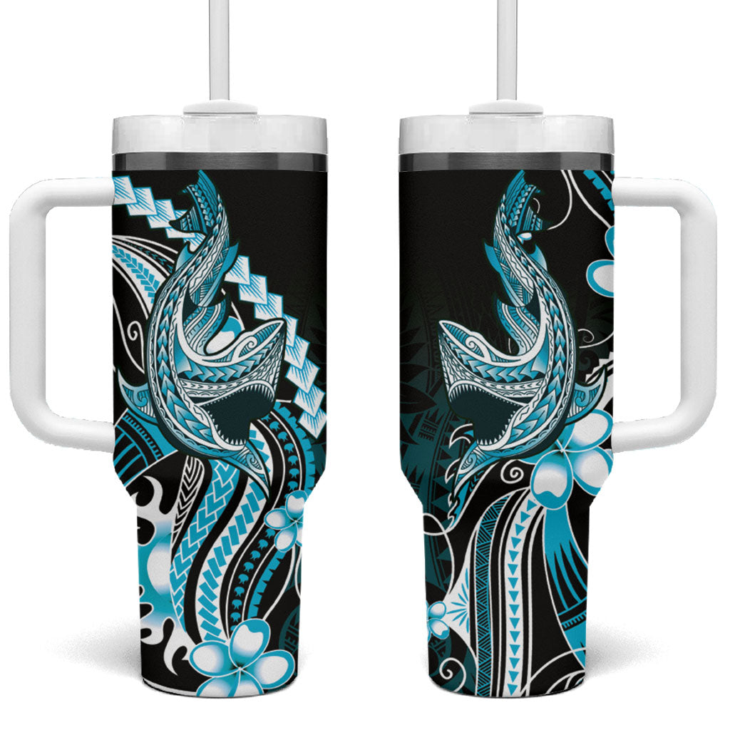 Blue Black Aloha Hawaii Tumbler With Handle Polynesian Shark Tattoo Plumeria