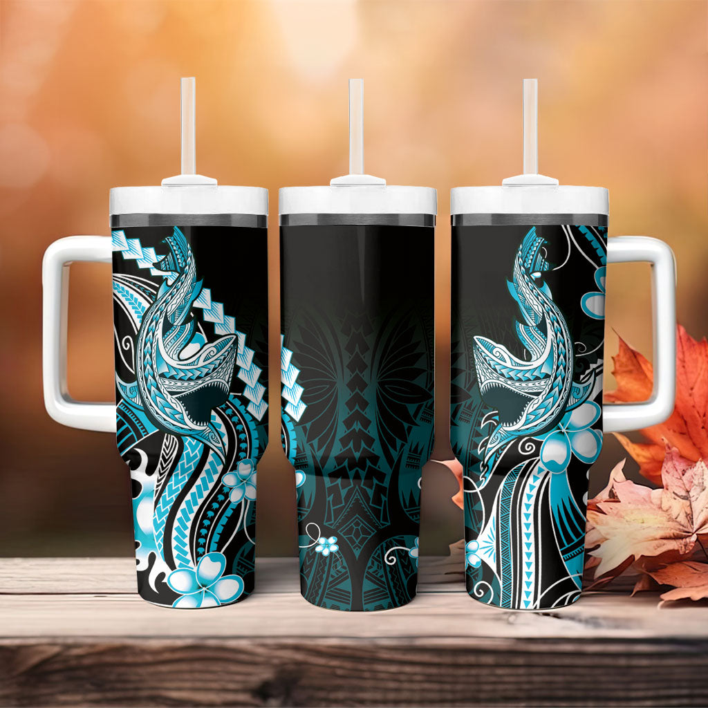 Blue Black Aloha Hawaii Tumbler With Handle Polynesian Shark Tattoo Plumeria