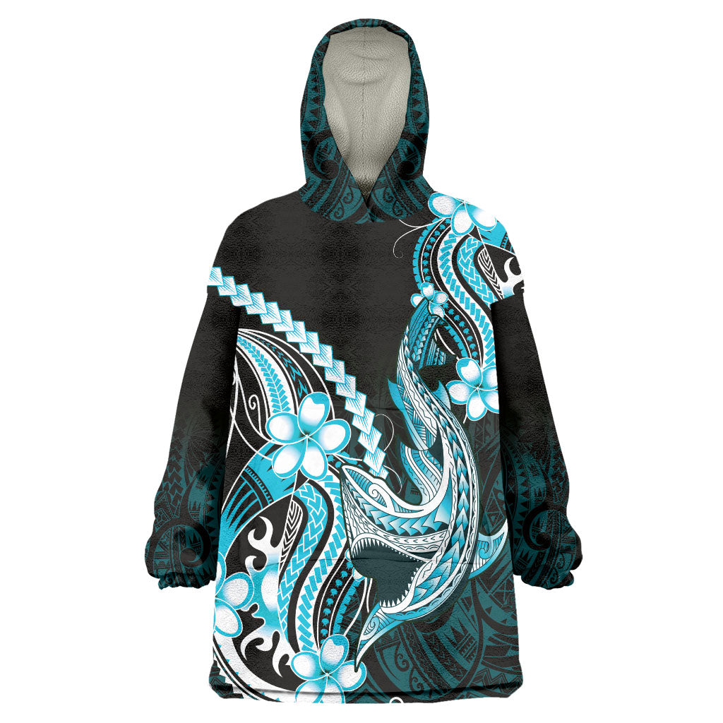 Blue Black Aloha Hawaii Wearable Blanket Hoodie Polynesian Shark Tattoo Plumeria LT14 One Size Blue - Polynesian Pride