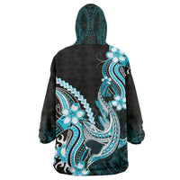 Blue Black Aloha Hawaii Wearable Blanket Hoodie Polynesian Shark Tattoo Plumeria