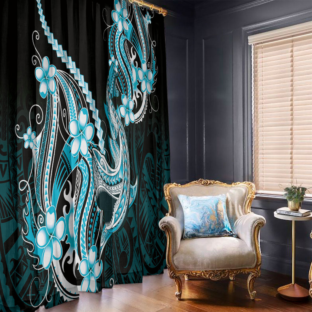 Blue Black Aloha Hawaii Window Curtain Polynesian Shark Tattoo Plumeria
