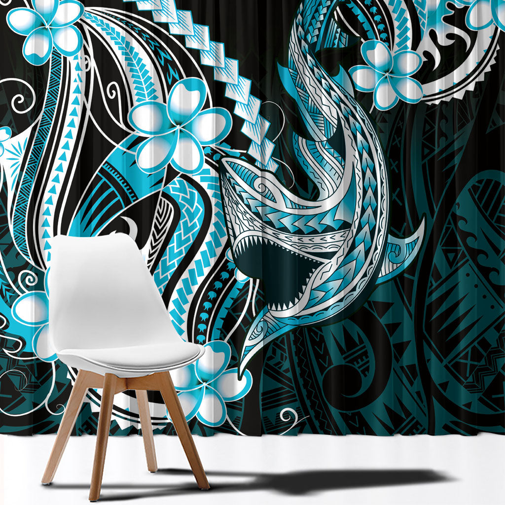 Blue Black Aloha Hawaii Window Curtain Polynesian Shark Tattoo Plumeria