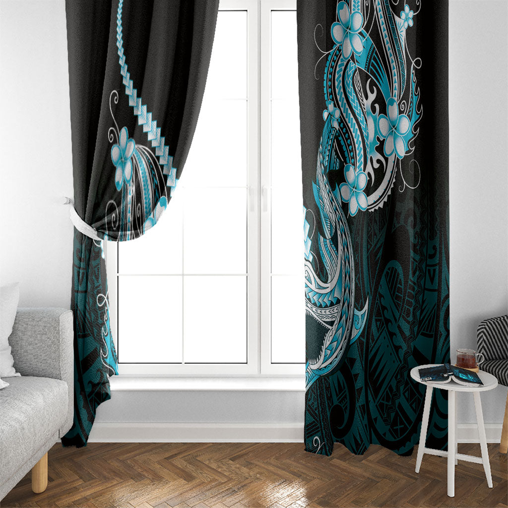 Blue Black Aloha Hawaii Window Curtain Polynesian Shark Tattoo Plumeria
