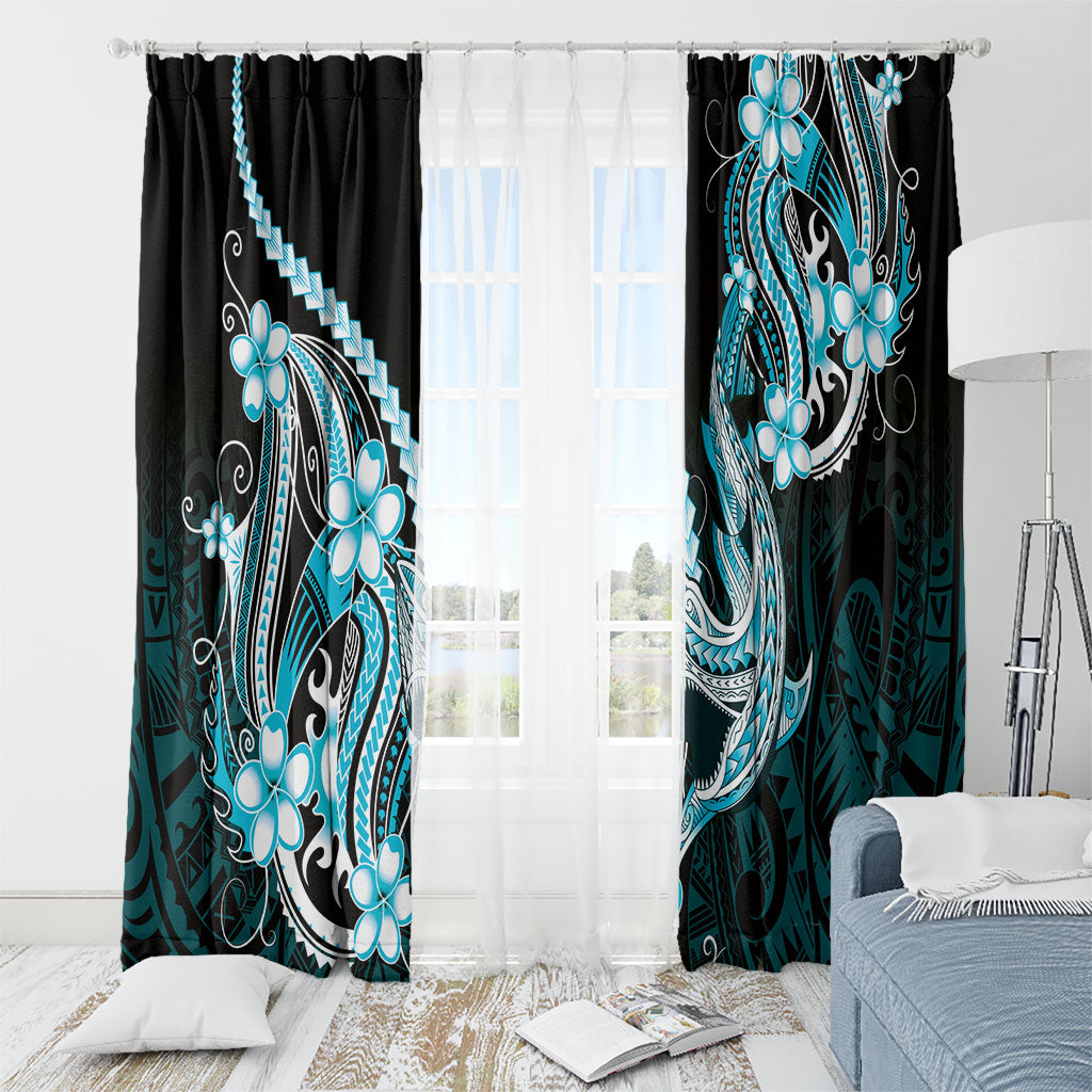 Blue Black Aloha Hawaii Window Curtain Polynesian Shark Tattoo Plumeria