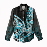 Blue Black Aloha Hawaii Women Casual Shirt Polynesian Shark Tattoo Plumeria