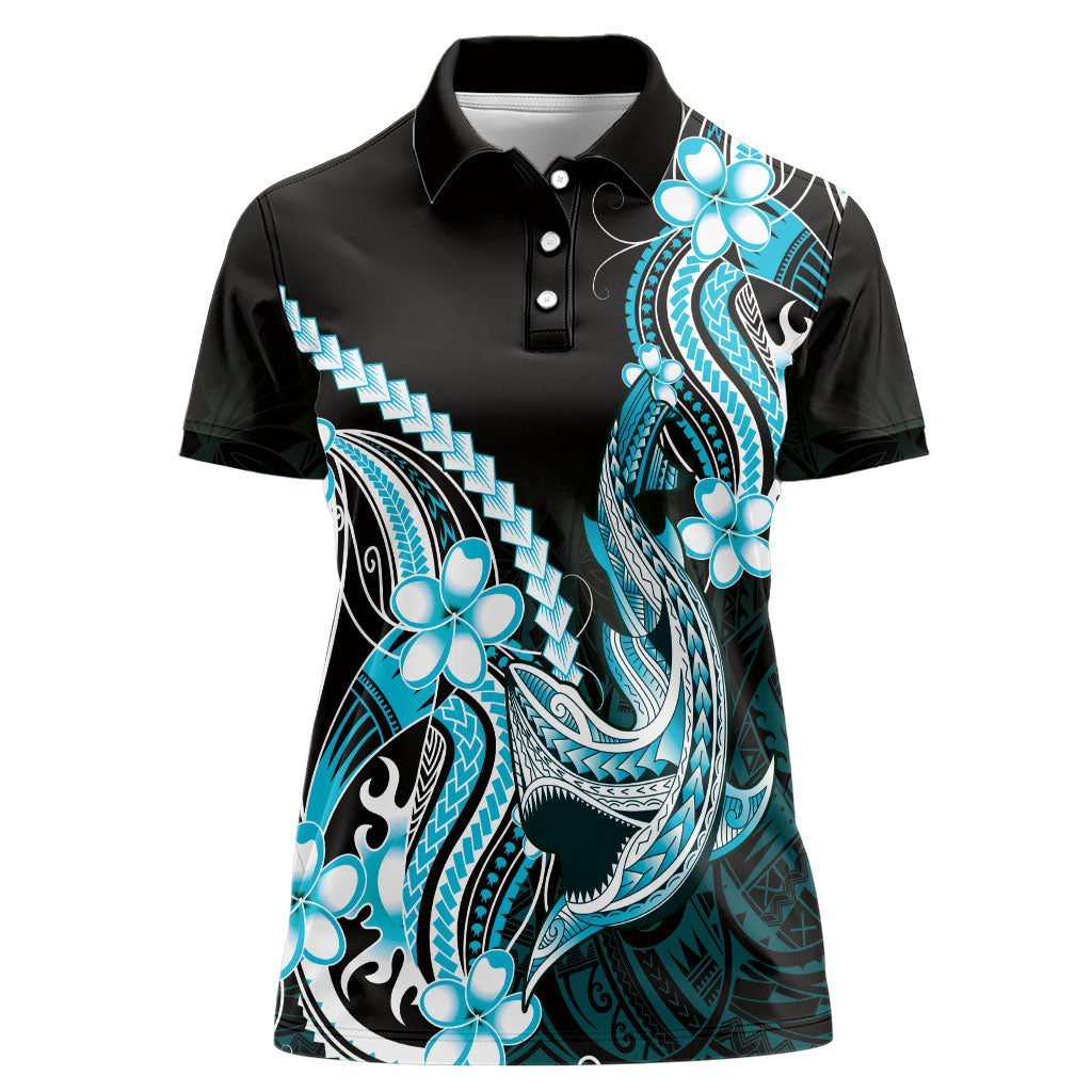 Blue Black Aloha Hawaii Women Polo Shirt Polynesian Shark Tattoo Plumeria