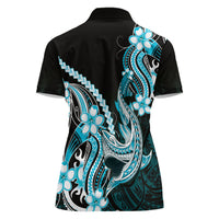Blue Black Aloha Hawaii Women Polo Shirt Polynesian Shark Tattoo Plumeria