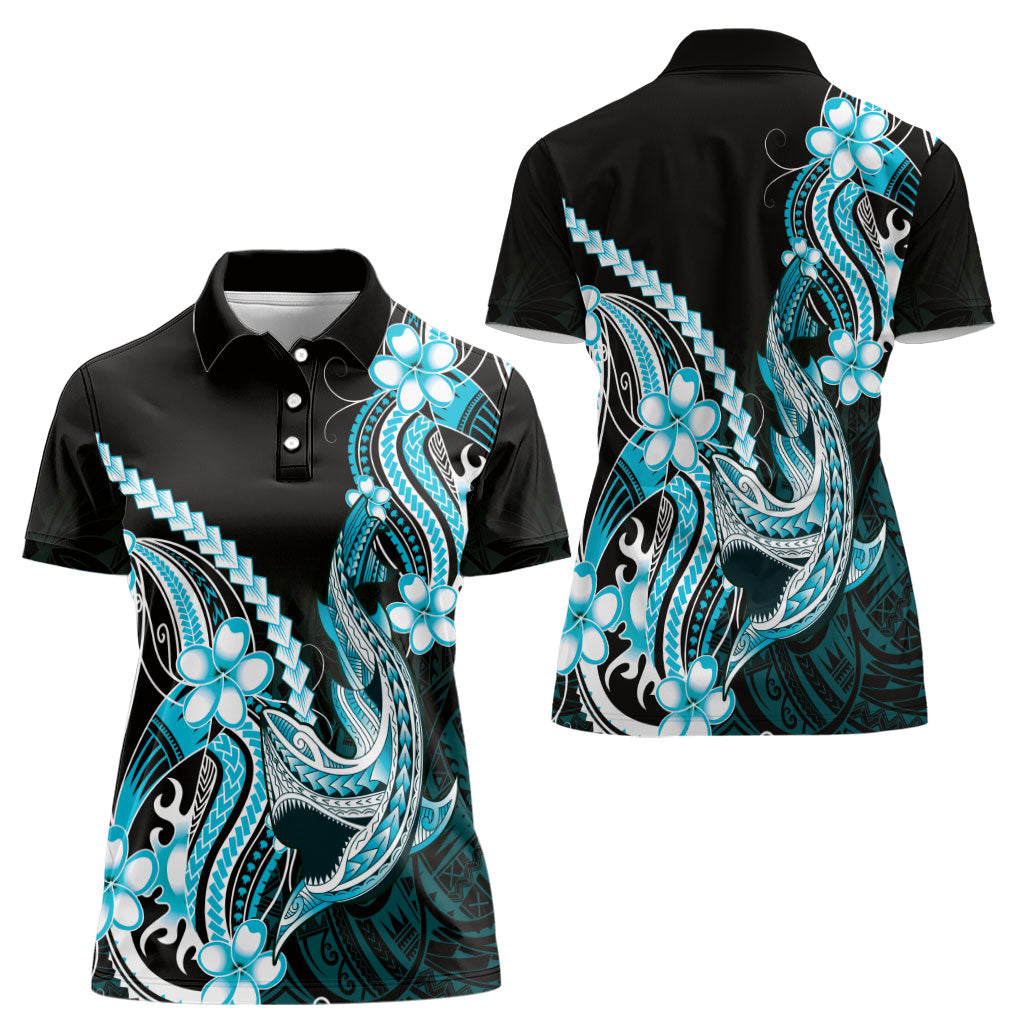 Blue Black Aloha Hawaii Women Polo Shirt Polynesian Shark Tattoo Plumeria