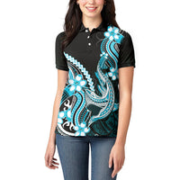Blue Black Aloha Hawaii Women Polo Shirt Polynesian Shark Tattoo Plumeria
