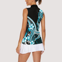 Blue Black Aloha Hawaii Women Sleeveless Polo Shirt Polynesian Shark Tattoo Plumeria