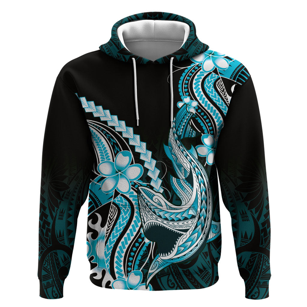 Blue Black Aloha Hawaii Zip Hoodie Polynesian Shark Tattoo Plumeria