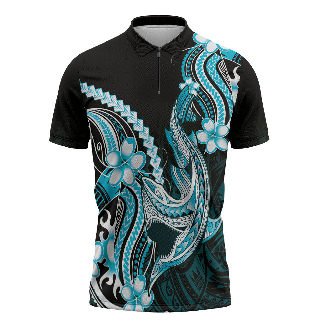 Blue Black Aloha Hawaii Zipper Polo Shirt Polynesian Shark Tattoo Plumeria LT14 Blue - Polynesian Pride