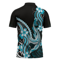 Blue Black Aloha Hawaii Zipper Polo Shirt Polynesian Shark Tattoo Plumeria