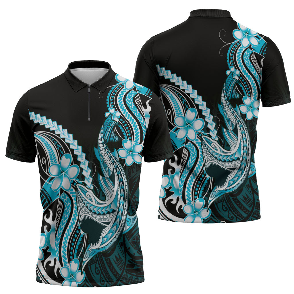 Blue Black Aloha Hawaii Zipper Polo Shirt Polynesian Shark Tattoo Plumeria