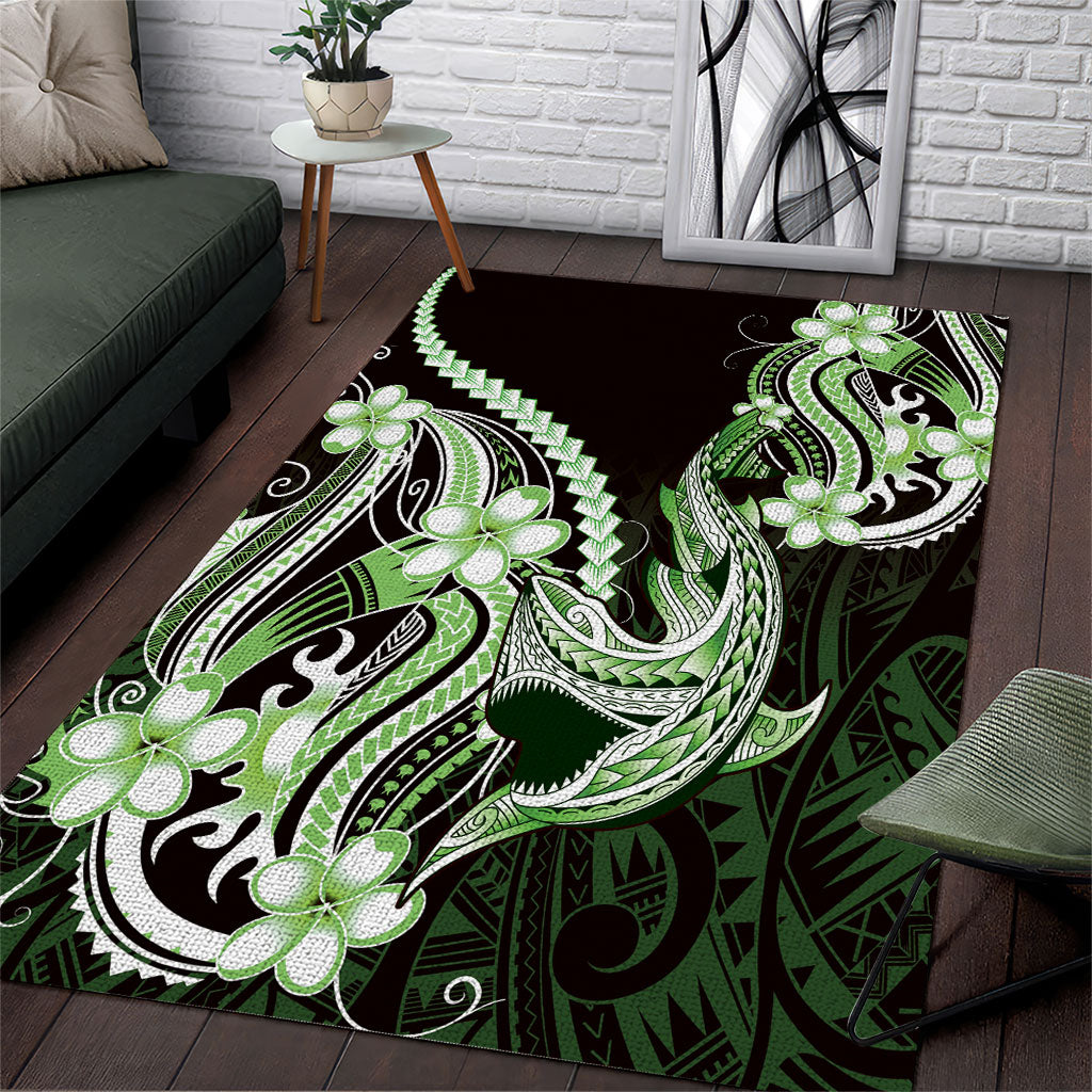 Green Black Aloha Hawaii Area Rug Polynesian Shark Tattoo Plumeria LT14 Green - Polynesian Pride