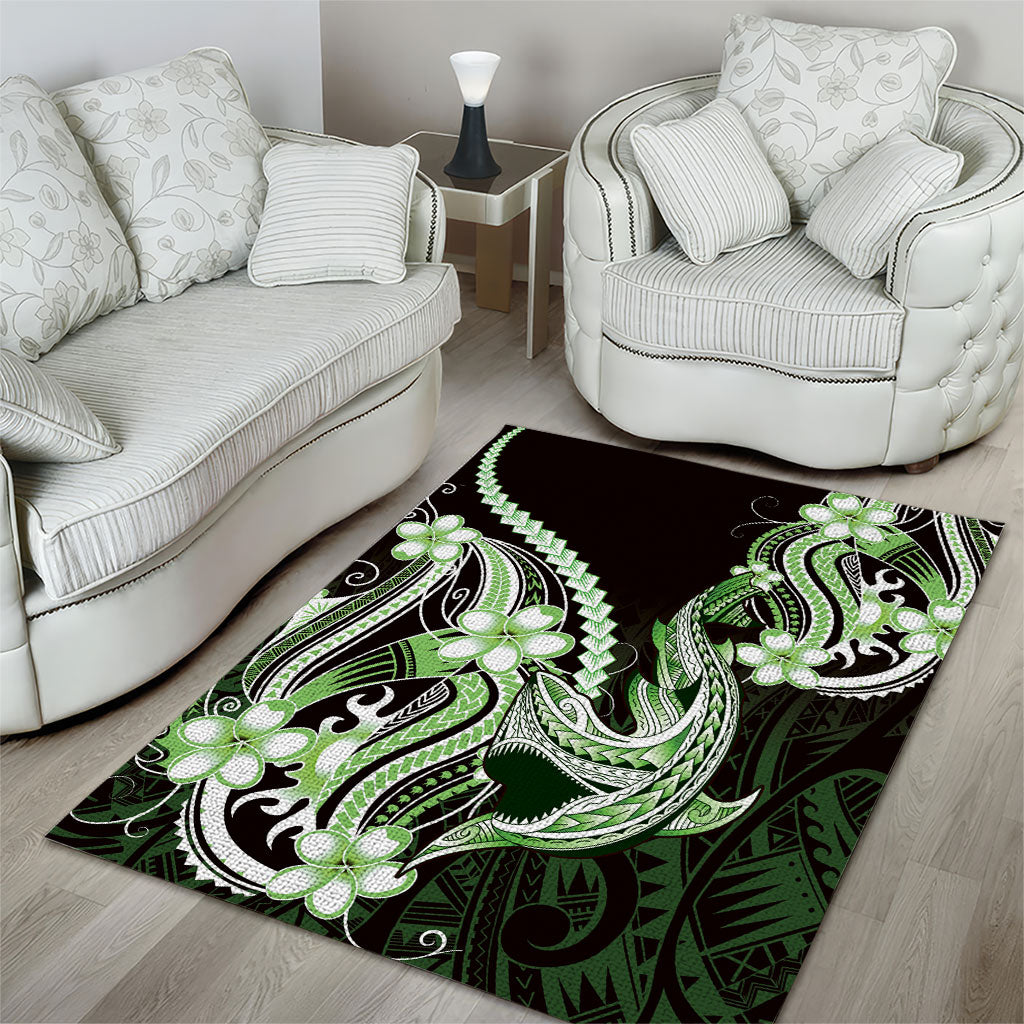 Green Black Aloha Hawaii Area Rug Polynesian Shark Tattoo Plumeria