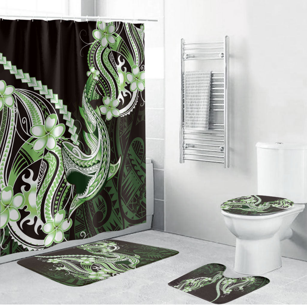 Green Black Aloha Hawaii Bathroom Set Polynesian Shark Tattoo Plumeria