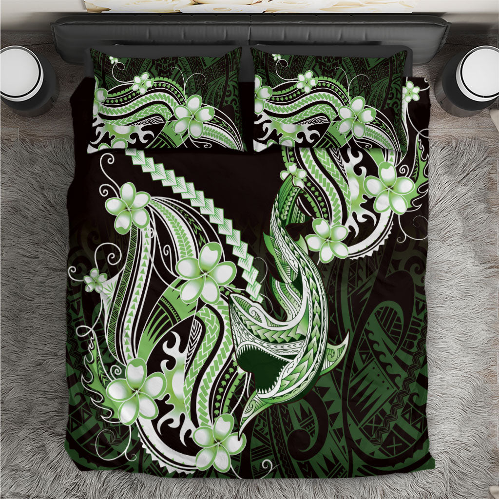 Green Black Aloha Hawaii Bedding Set Polynesian Shark Tattoo Plumeria