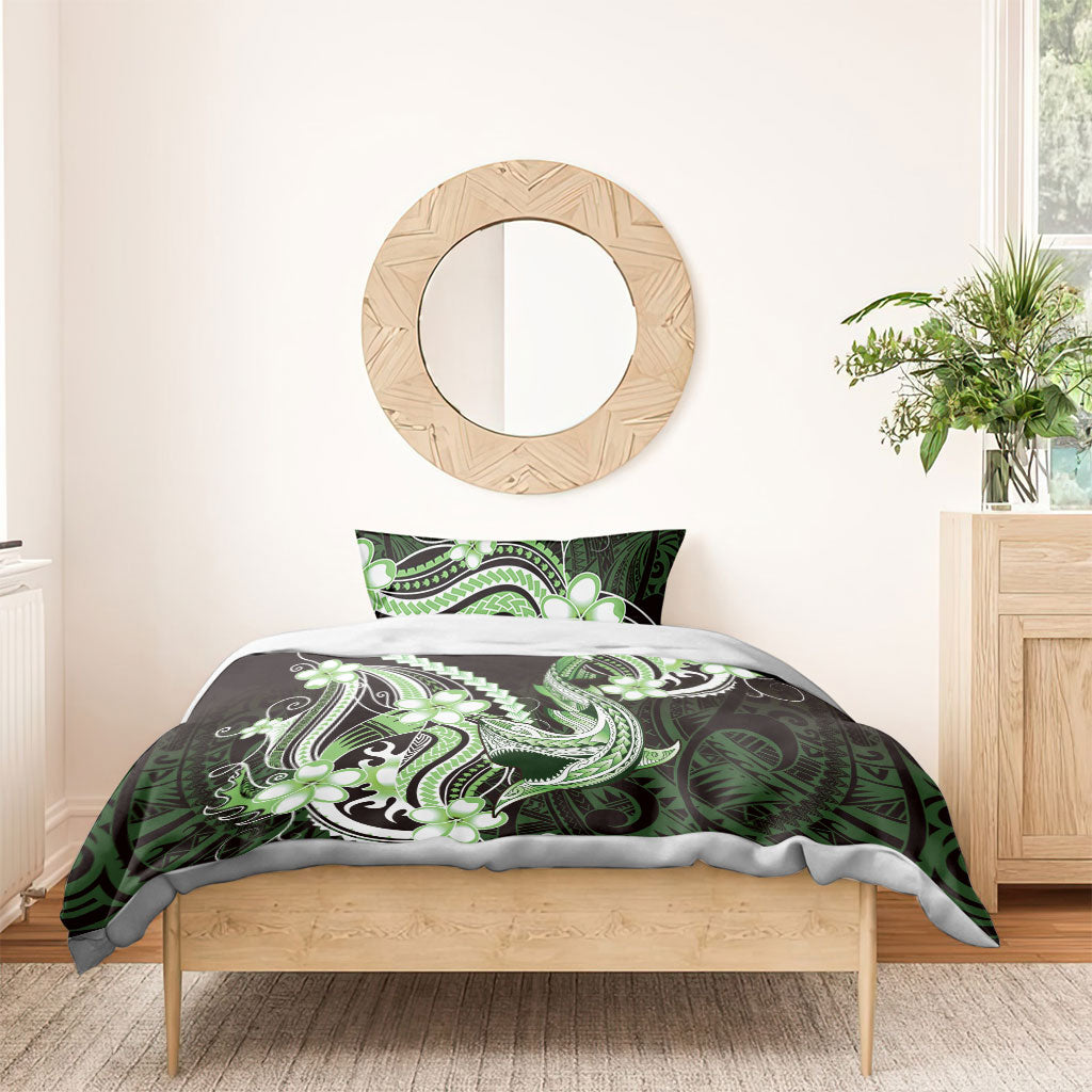 Green Black Aloha Hawaii Bedding Set Polynesian Shark Tattoo Plumeria