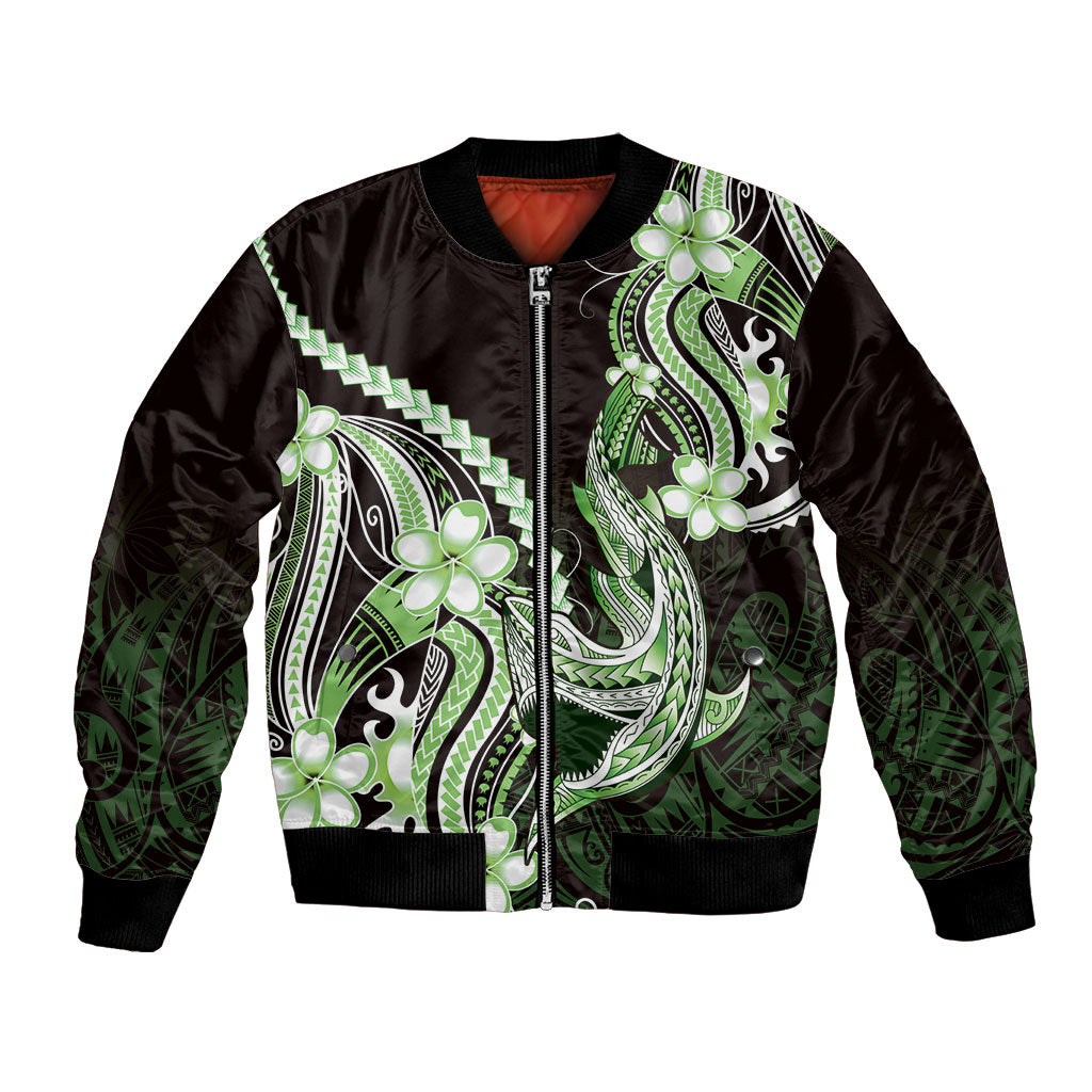 Green Black Aloha Hawaii Bomber Jacket Polynesian Shark Tattoo Plumeria LT14 Unisex Green - Polynesian Pride