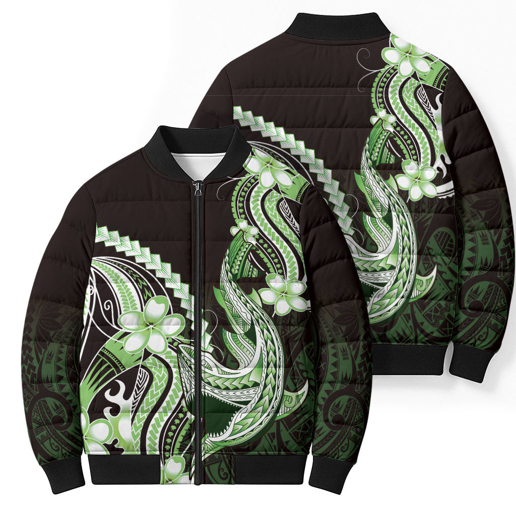 Green Black Aloha Hawaii Bomber Puffer Jacket Polynesian Shark Tattoo Plumeria