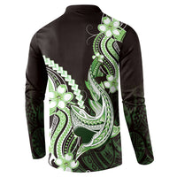 Green Black Aloha Hawaii Button Sweatshirt Polynesian Shark Tattoo Plumeria