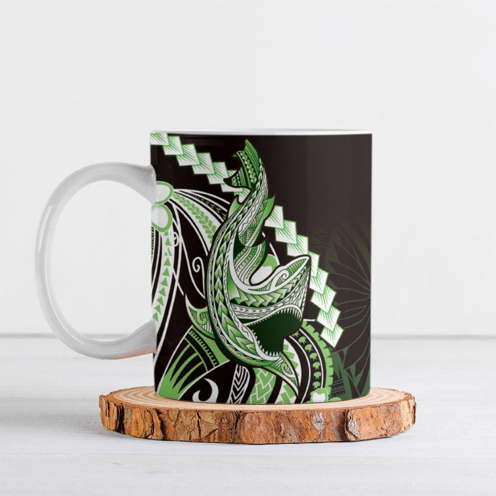 Green Black Aloha Hawaii Ceramic Mug Polynesian Shark Tattoo Plumeria