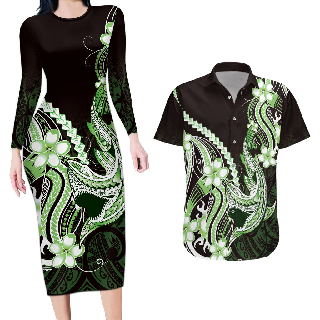 Green Black Aloha Hawaii Couples Matching Long Sleeve Bodycon Dress and Hawaiian Shirt Polynesian Shark Tattoo Plumeria LT14 Green - Polynesian Pride
