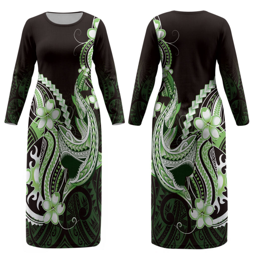 Green Black Aloha Hawaii Couples Matching Long Sleeve Bodycon Dress and Hawaiian Shirt Polynesian Shark Tattoo Plumeria LT14 - Polynesian Pride