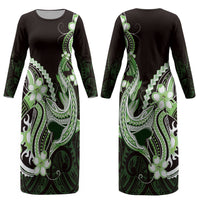 Green Black Aloha Hawaii Couples Matching Long Sleeve Bodycon Dress and Hawaiian Shirt Polynesian Shark Tattoo Plumeria LT14 - Polynesian Pride