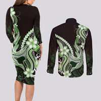 Green Black Aloha Hawaii Couples Matching Long Sleeve Bodycon Dress and Long Sleeve Button Shirt Polynesian Shark Tattoo Plumeria