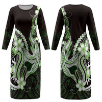 Green Black Aloha Hawaii Couples Matching Long Sleeve Bodycon Dress and Long Sleeve Button Shirt Polynesian Shark Tattoo Plumeria LT14 - Polynesian Pride