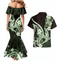 Green Black Aloha Hawaii Couples Matching Mermaid Dress and Hawaiian Shirt Polynesian Shark Tattoo Plumeria