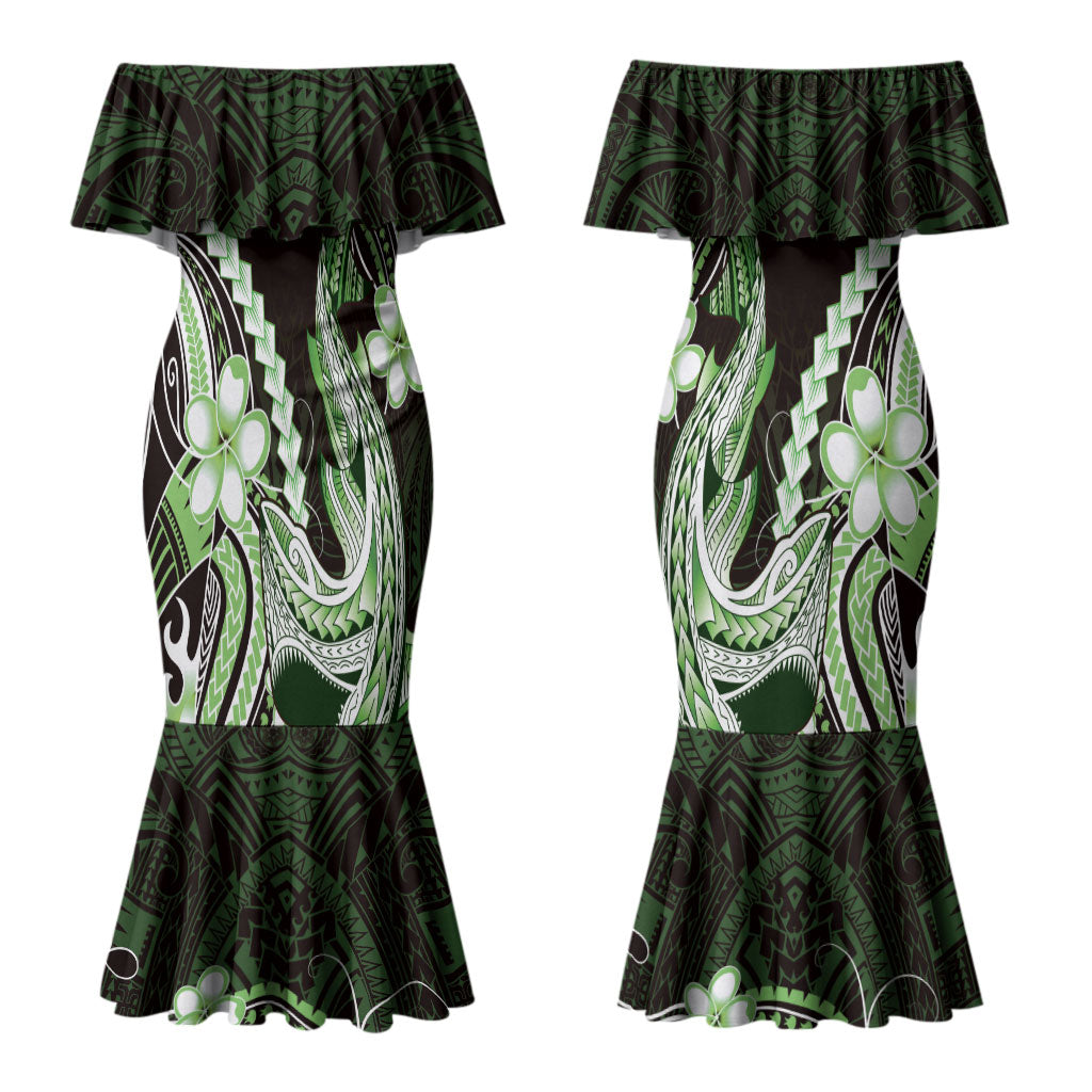 Green Black Aloha Hawaii Couples Matching Mermaid Dress and Long Sleeve Button Shirt Polynesian Shark Tattoo Plumeria LT14 - Polynesian Pride