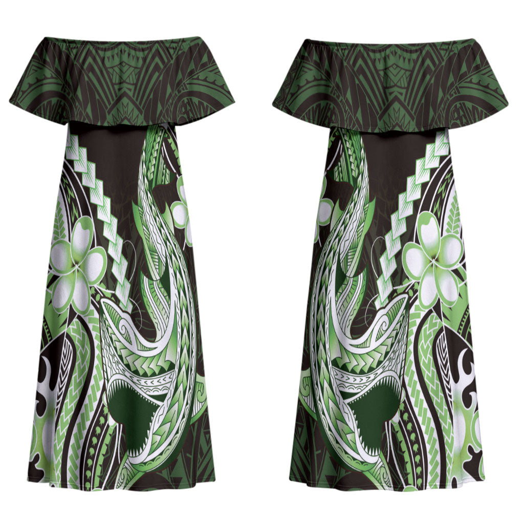 Green Black Aloha Hawaii Couples Matching Off Shoulder Maxi Dress and Long Sleeve Button Shirt Polynesian Shark Tattoo Plumeria LT14 - Polynesian Pride