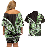 Green Black Aloha Hawaii Couples Matching Off Shoulder Short Dress and Hawaiian Shirt Polynesian Shark Tattoo Plumeria