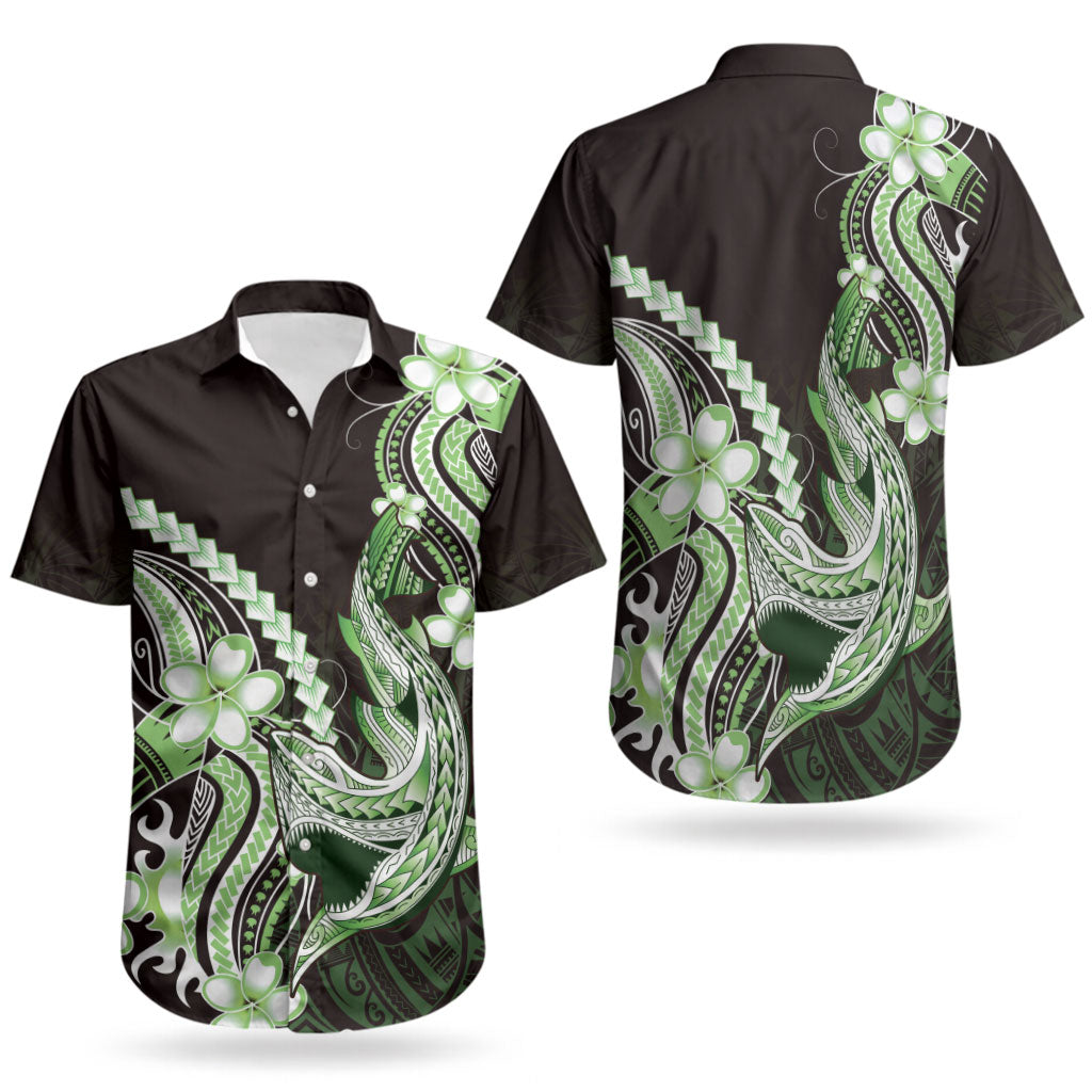 Green Black Aloha Hawaii Couples Matching Off Shoulder Short Dress and Hawaiian Shirt Polynesian Shark Tattoo Plumeria LT14 - Polynesian Pride