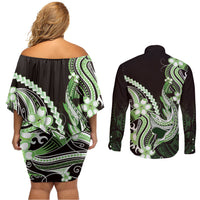 Green Black Aloha Hawaii Couples Matching Off Shoulder Short Dress and Long Sleeve Button Shirt Polynesian Shark Tattoo Plumeria