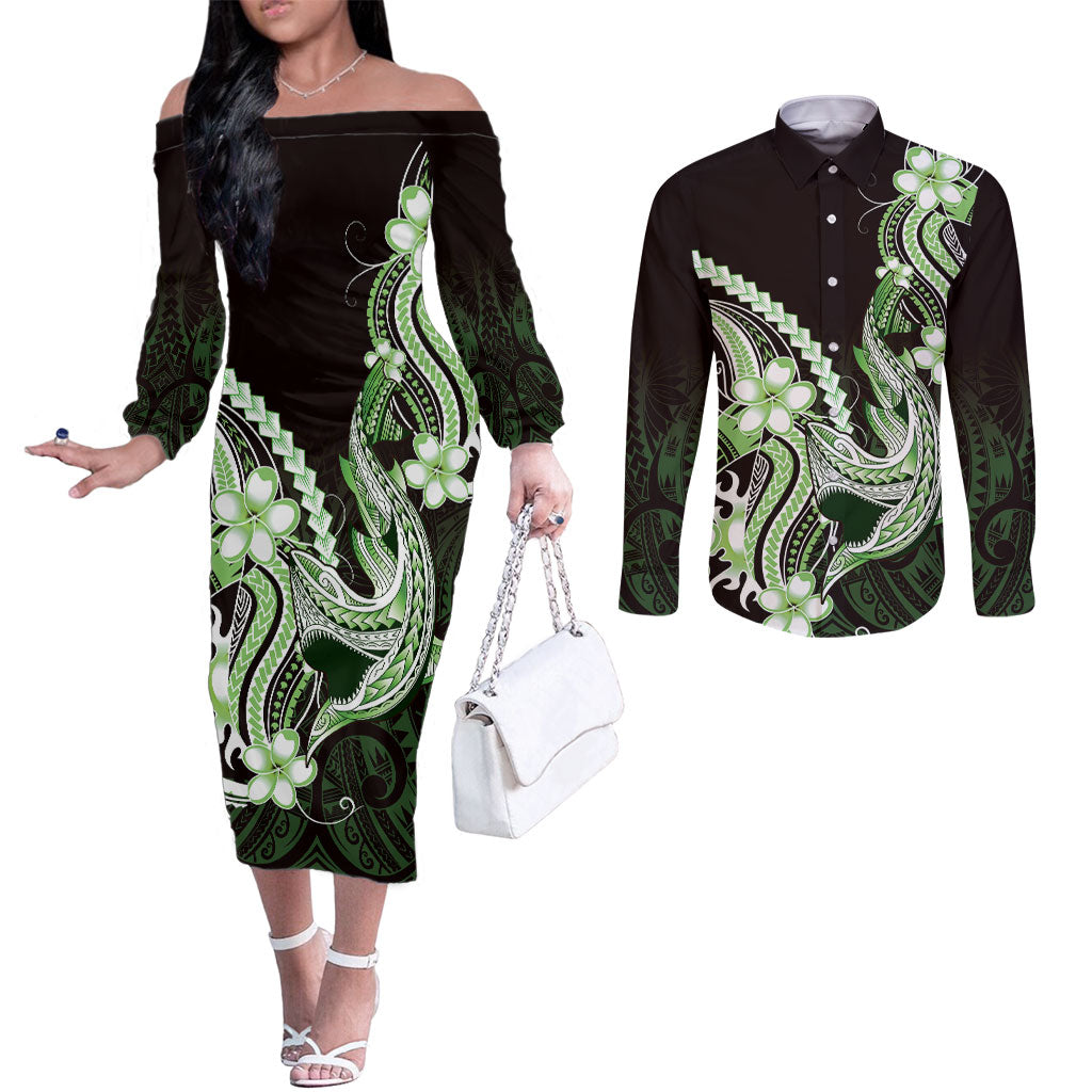 Green Black Aloha Hawaii Couples Matching Off The Shoulder Long Sleeve Dress and Long Sleeve Button Shirt Polynesian Shark Tattoo Plumeria LT14 Green - Polynesian Pride