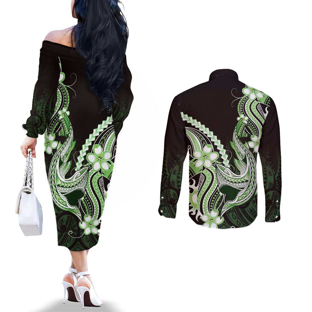 Green Black Aloha Hawaii Couples Matching Off The Shoulder Long Sleeve Dress and Long Sleeve Button Shirt Polynesian Shark Tattoo Plumeria