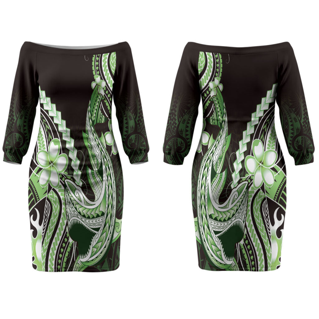 Green Black Aloha Hawaii Couples Matching Off The Shoulder Long Sleeve Dress and Long Sleeve Button Shirt Polynesian Shark Tattoo Plumeria LT14 - Polynesian Pride