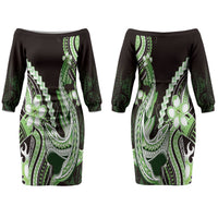 Green Black Aloha Hawaii Couples Matching Off The Shoulder Long Sleeve Dress and Long Sleeve Button Shirt Polynesian Shark Tattoo Plumeria LT14 - Polynesian Pride