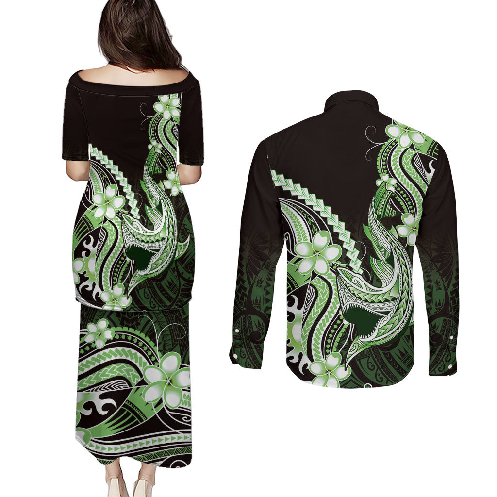 Green Black Aloha Hawaii Couples Matching Puletasi and Long Sleeve Button Shirt Polynesian Shark Tattoo Plumeria