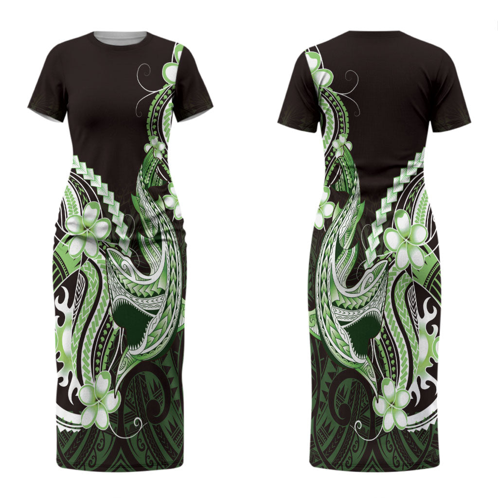 Green Black Aloha Hawaii Couples Matching Short Sleeve Bodycon Dress and Hawaiian Shirt Polynesian Shark Tattoo Plumeria LT14 - Polynesian Pride