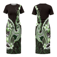 Green Black Aloha Hawaii Couples Matching Short Sleeve Bodycon Dress and Hawaiian Shirt Polynesian Shark Tattoo Plumeria LT14 - Polynesian Pride