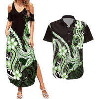 Green Black Aloha Hawaii Couples Matching Summer Maxi Dress and Hawaiian Shirt Polynesian Shark Tattoo Plumeria
