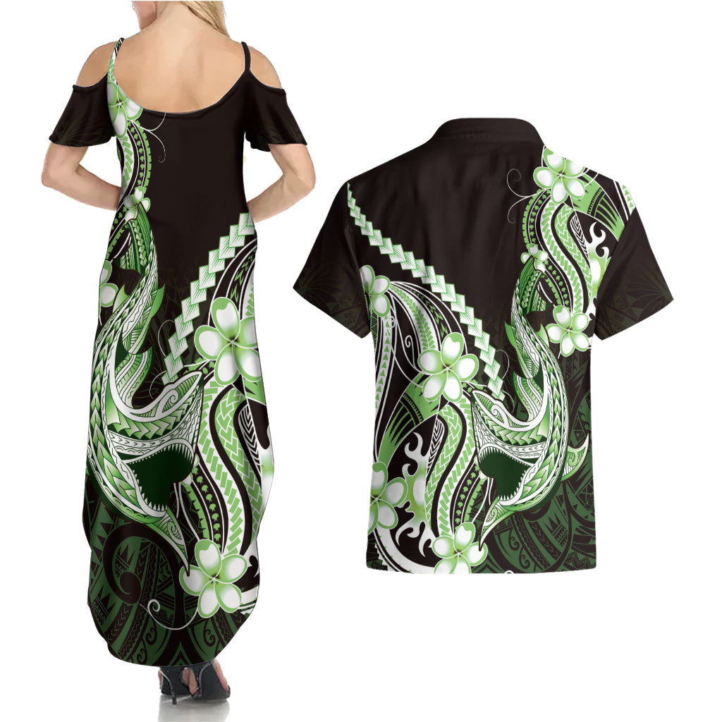 Green Black Aloha Hawaii Couples Matching Summer Maxi Dress and Hawaiian Shirt Polynesian Shark Tattoo Plumeria