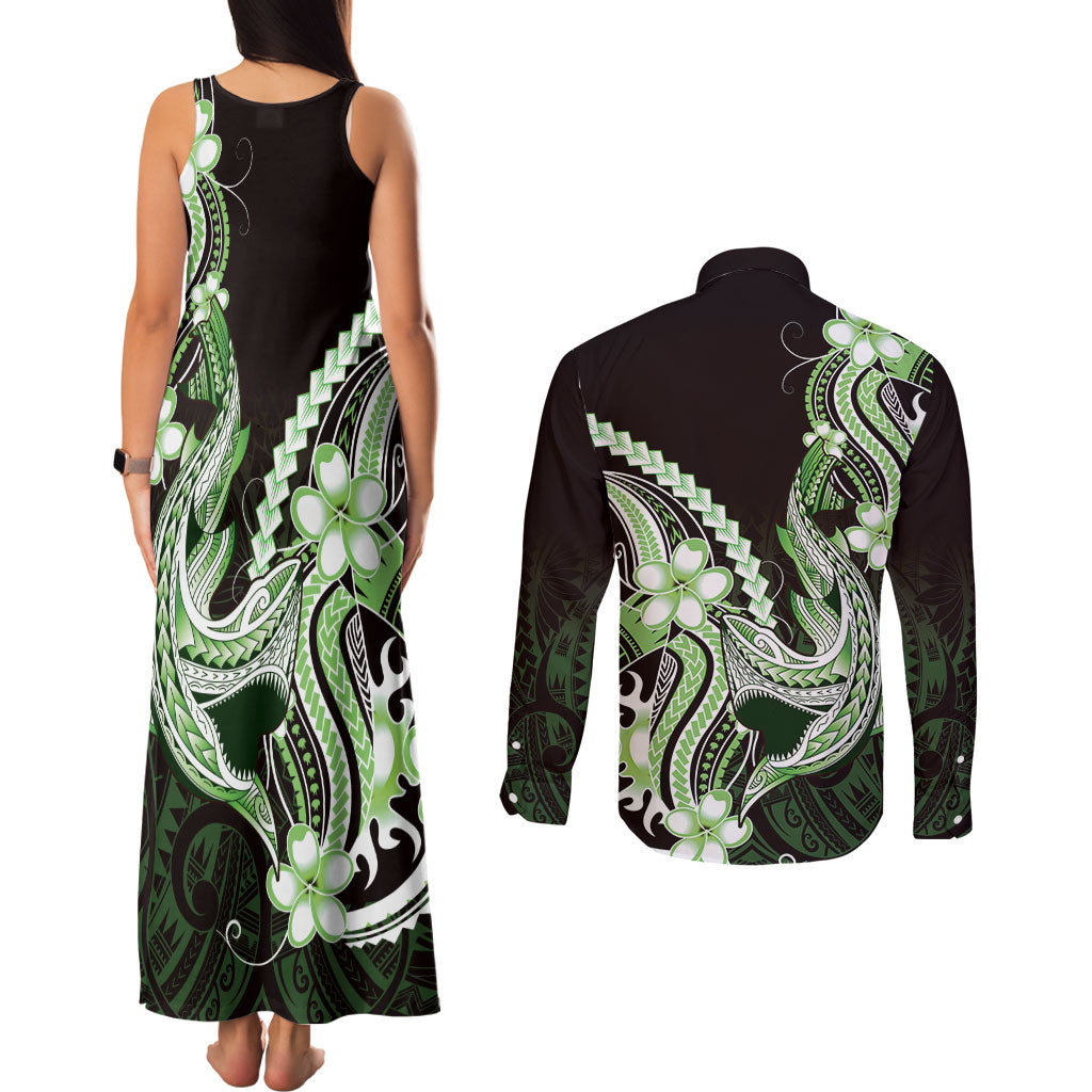 Green Black Aloha Hawaii Couples Matching Tank Maxi Dress and Long Sleeve Button Shirt Polynesian Shark Tattoo Plumeria
